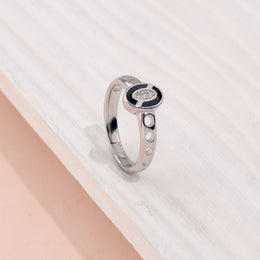 Modern Sterling Silver Oval Black Enamel Ring with Sparkling CZ's