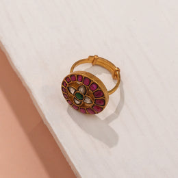 Pink Kundan Studded Silver Ring with Floral Highlight