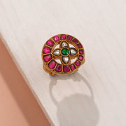 Pink Kundan Studded Silver Ring with Floral Highlight