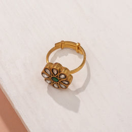 Floral Silver Ring with White and Green Kundans