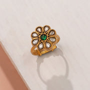 Floral Silver Ring with White and Green Kundans