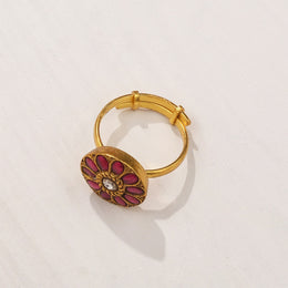 Floral Silver Ring with Pink Kundans