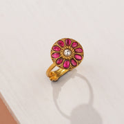 Floral Silver Ring with Pink Kundans