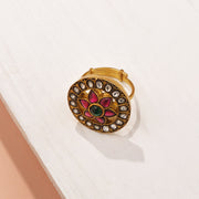 Antique Silver Ring with Kundans and Floral Detailing