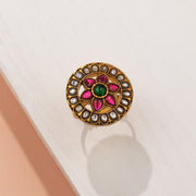 Antique Silver Ring with Kundans and Floral Detailing