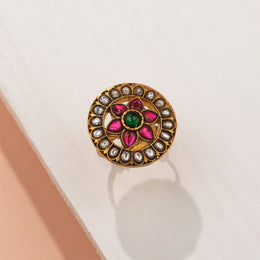 Antique Silver Ring with Kundans and Floral Detailing