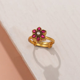 Graceful Floral Silver Ring with Kundans