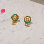 Radiant Sun Design Silver Earrings with Green and White Kundans
