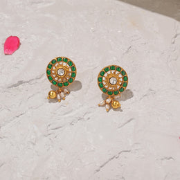 Radiant Sun Design Silver Earrings with Green and White Kundans