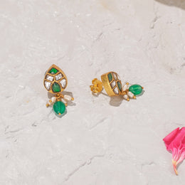 Silver and Kundan Leaf Earrings with Green Moissanite Stones