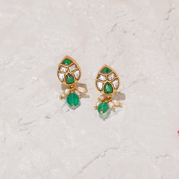 Silver and Kundan Leaf Earrings with Green Moissanite Stones