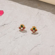 Mini Silver Studs with Green and Pink Kundans