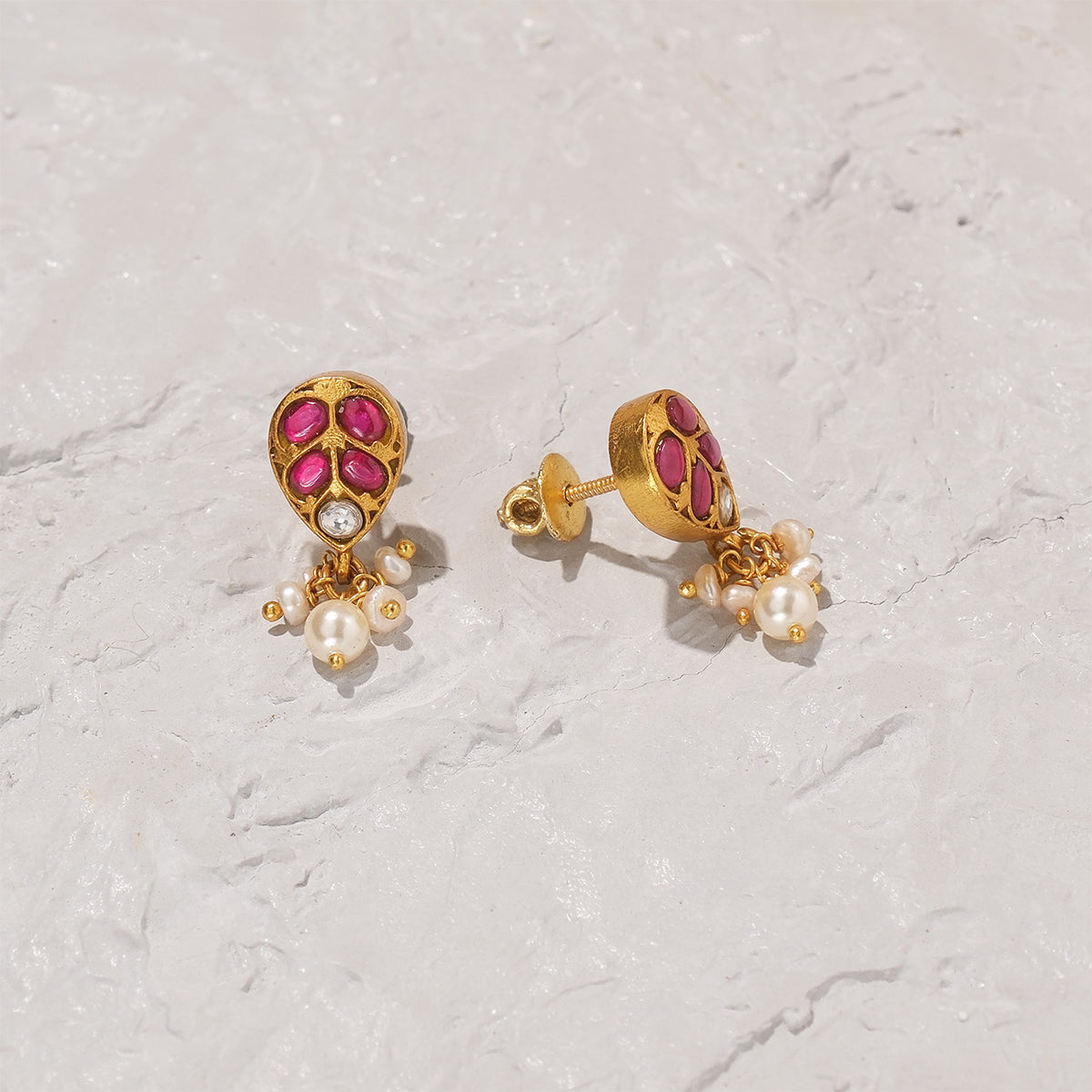 Silver and Kundan Earrings with Leaf Design and Pearls – Padmam