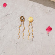 Silver Hair Pins with Green Kundan Highlights