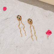 Silver Hair Pins with Green Kundan Highlights