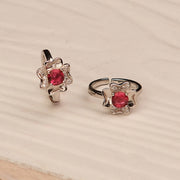 Silver Floral Toe Rings with Pink Stone