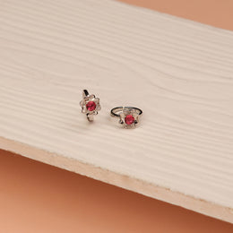 Silver Floral Toe Rings with Pink Stone