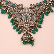 Victorian Polki Peacock Necklace with Emerald Bead Jhumka Pendant