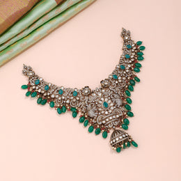 Victorian Polki Peacock Necklace with Emerald Bead Jhumka Pendant