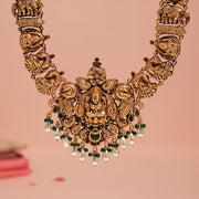 Temple Silver Lakshmi Devi Long Haaram with Elephant and Floral Design