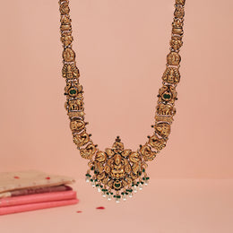 Temple Silver Lakshmi Devi Long Haaram with Elephant and Floral Design