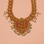 Traditional Long Silver Haaram with Lakshmi Devi and Peacock Detailing