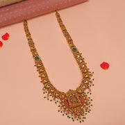 Silver Peacock and Lakshmi Devi Long Haaram with Pearl Bead Hangings