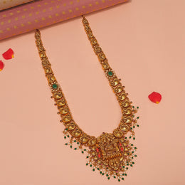 Silver Peacock and Lakshmi Devi Long Haaram with Pearl Bead Hangings