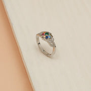 Multi-Colour Floral Silver CZ Ring