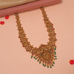 Traditional Long Silver Haaram with Lakshmi Devi and Peacock Detailing