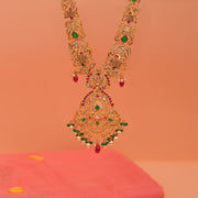 Graceful Nature-Inspired Silver Haaram with Peacock Highlights and Stones