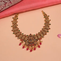 Semi Antique Silver Lakshmi Devi Necklace with Leaf Design and Stone Beads