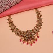 Semi Antique Silver Lakshmi Devi Necklace with Leaf Design and Stone Beads