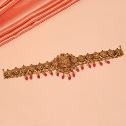 Intricate Floral Silver Vaddanam with Red Stone Drops