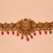 Intricate Floral Silver Vaddanam with Red Stone Drops