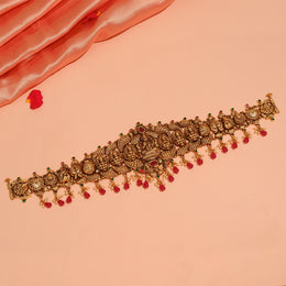 Temple Finish Silver Lakshmi Vaddanam with Red Stone Drops