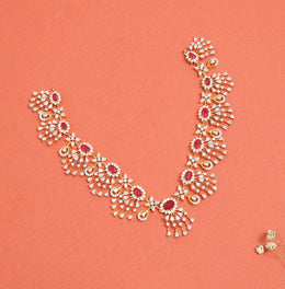 Silver and CZ Floral Necklace with Red Moissanite Stones