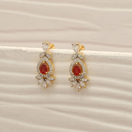 Stylish Silver CZ Earrings with CZs and Red Stone