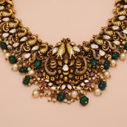 Antique Silver Peacock Design Necklace with Kundan & Green Stone Highlights