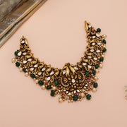 Antique Silver Peacock Design Necklace with Kundan & Green Stone Highlights