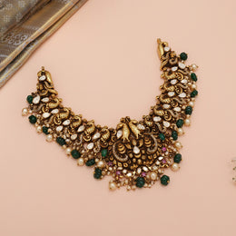 Antique Silver Peacock Design Necklace with Kundan & Green Stone Highlights