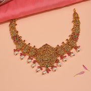 Silver Lakshmi Devi Necklace with Pearl Hangings