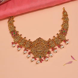 Silver Lakshmi Devi Necklace with Pearl Hangings