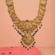 Floral Detailing Silver Haaram with Lakshmi Devi and Peacock Highlights