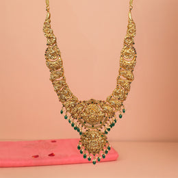 Floral Detailing Silver Haaram with Lakshmi Devi and Peacock Highlights