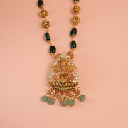 Divine Lakshmi Devi Silver Pendant with Stones and Pearl Hangings