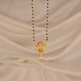 Simple Silver Black Beads with Traditional Lakshmi Pendant