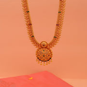 Temple Silver Leaf Design Haaram with Floral Pendant