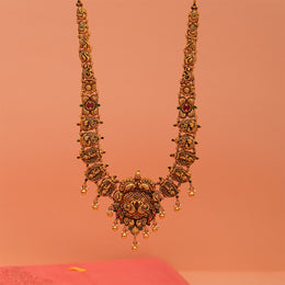 Divine Lord Krishna Silver Haaram with Floral and Peacock Pendant