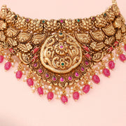 Antique Heritage Floral Choker with Ruby Bead and Pearl Drops